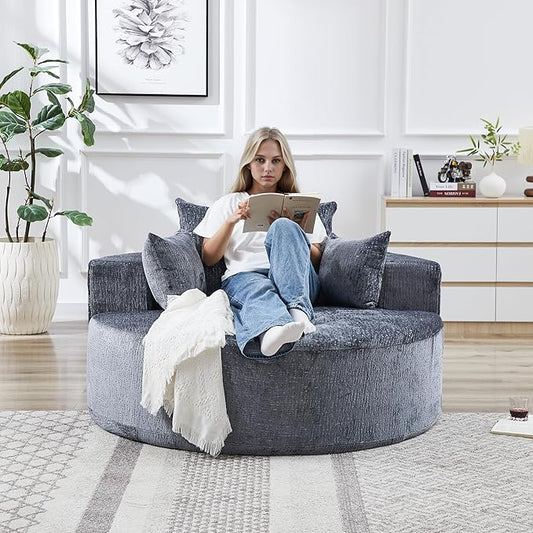55.5 Oversized Round Chaise Lounge Upholstered Corduroy Cuddle Chair for Adults Single Circle Lounge Chair with Deep Seat for Living Room Bedroom No Assembly Needed Dark Grey