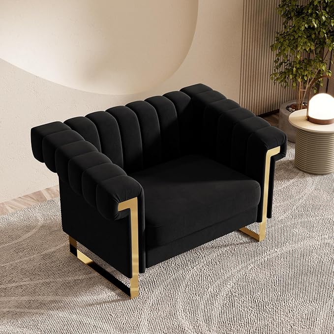 Mid-Century Modern Black Velvet Single Sofa with Gold Metal Legs 49 Luxury Chesterfield Comfy Black Sofa Chair for Living Room (Black-1 Seater)