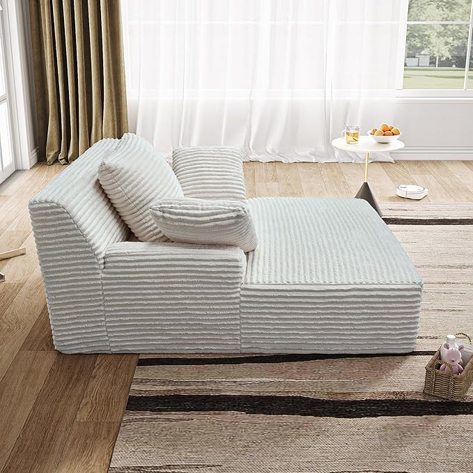65.3'' Oversized Lounge Chaise Couch with Square Armrest Boneless Chaise Lounge with Cushions Corduroy Single Sofa Chair with 2 Pillows No Assembly for Living Room Apartment White