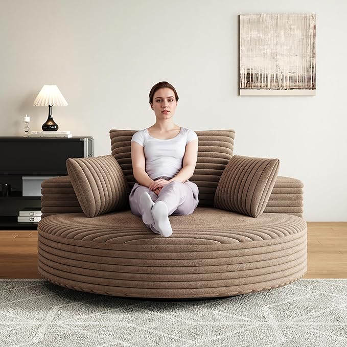 TTK 55” Oversized Corduroy Swivel Chair Fluffy 360° Rotating Sleeper Armchair with Pillows &amp Headrest Full Foam Barrel Chair for Living Room Bedroom Reading Nook Lounge or Apartment Brown