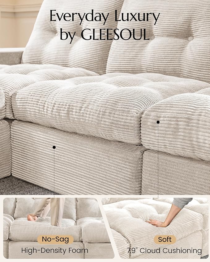 High Back Boneless Couch with 2-Pack Pillow Blankets U Shaped Modular Sectional Sofa with Ottoman Soft Corduroy Cloud Couch Tall Couches for Living Room No Assembly Warm White V2.0