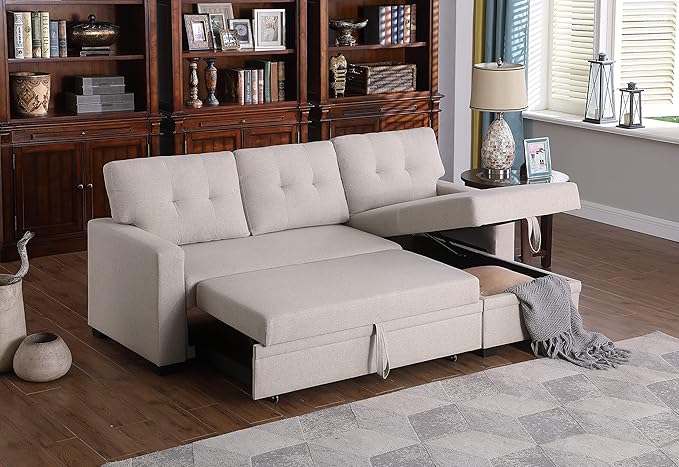 ACQCA 82 L-Shape Sleeper Sectional Sofa with Storage Chaise and Pull-Out BedConvertible Sofa Bed Sectional Couch for Living RoomApartmentOfficeBeige