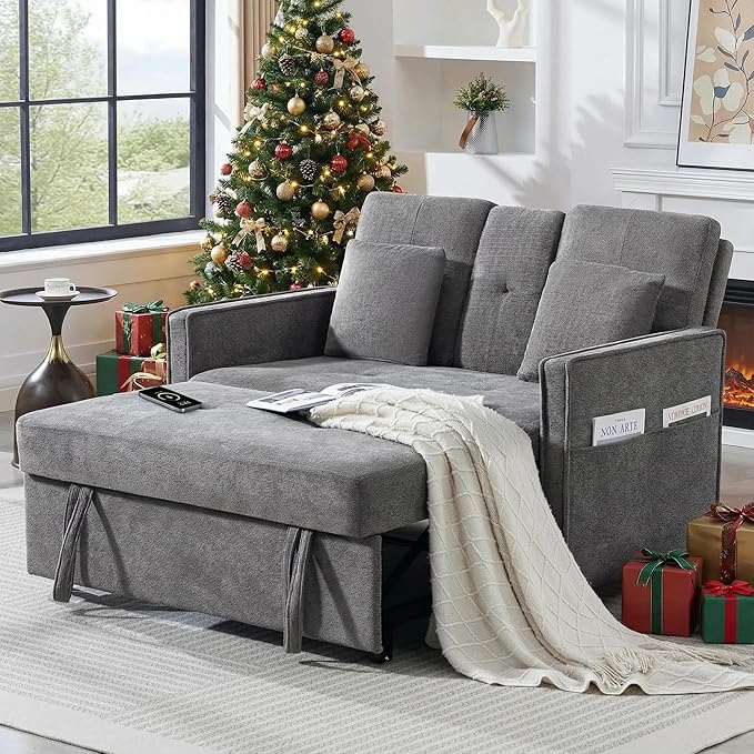 52 Convertible Sofa Bed 3-in-1 Sleeper Sofa with Pull-Out Bed Chenille Couch Folding Loveseat USB Ports &amp Adjustable Backrest Modern Loveseat for Living Room Apartment Grey