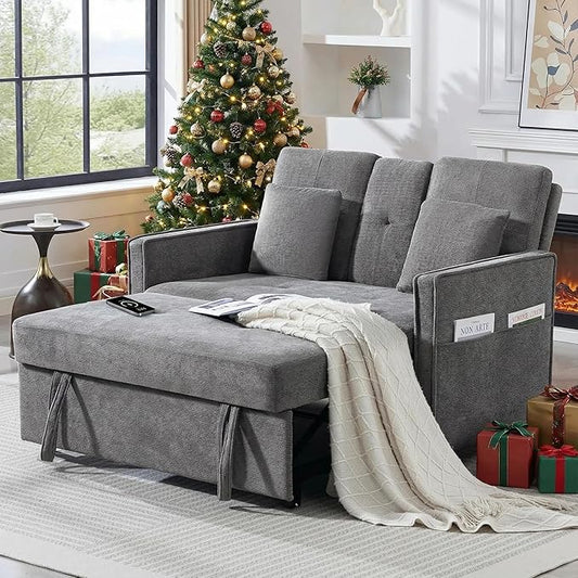 52 Convertible Sofa Bed 3-in-1 Sleeper Sofa with Pull-Out Bed Chenille Couch Folding Loveseat USB Ports &amp Adjustable Backrest Modern Loveseat for Living Room Apartment Grey