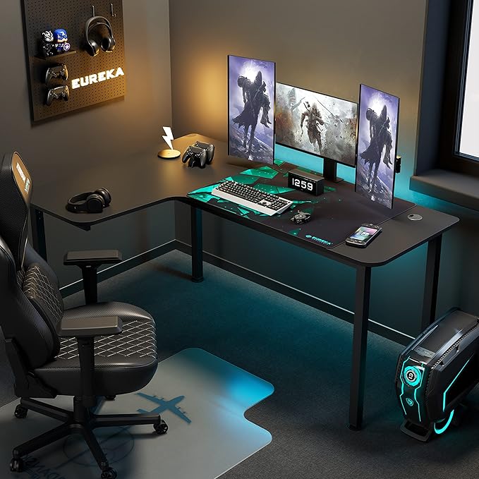 EUREKA ERGONOMIC 60 Inch Black Corner L Shaped Computer Desk Home Office Gaming Study Work Writing Table Long Large Sturdy Workstation Simple Modern with Metal Legs Left Side