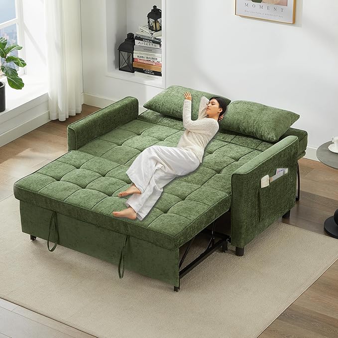 Tbfit 57 Convertible Sofa Bed Chenille Futon Sleeper Sofa Couch with Pullout Bed USB &amp Adjustable Backrest Queen Size Pull Out Loveseat Couches for Living Room Apartment Office Dorm Green
