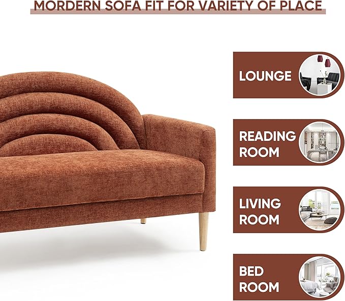 63 Small Loveseat Sofa for Small Spaces Mid Century Modern Sofa Linen Upholstered Furniture with Wood Frame Mini Couch for Living Room/Bedroom Office Couch Easy Assembley Ocher Orange