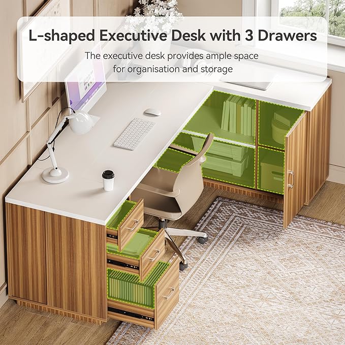 LITTLE TREE 87-Inch Modern Executive Desk with File Cabinet Large Home Office Desk with Drawers 3-Drawer Wooden File Cabinet Spacious Workstation for Home Office (White &amp Brown)