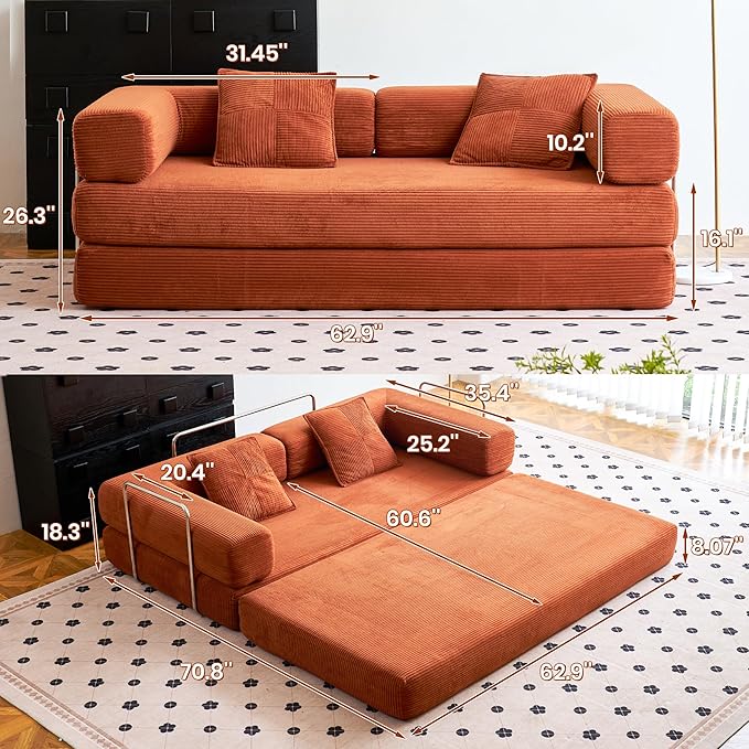 Compression Sofa - 62''Convertible Floor Sofa Bed - with Pillow Back Support Armrest - Comfy Foldable Sofa Bed Compressed Sofa in Box - Corduroy Fabric - for Living Room Bedroom (Orange)