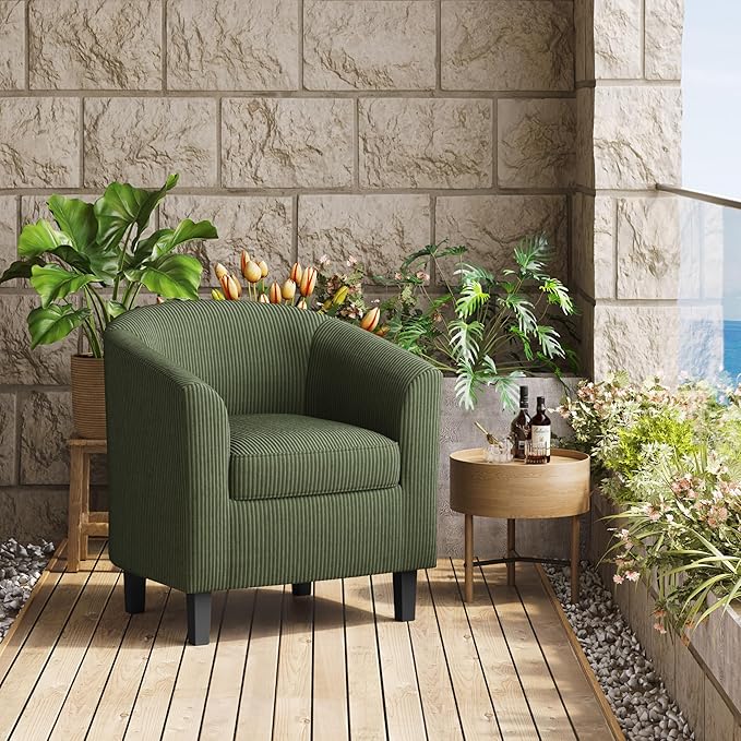 Topeakmart Corduroy Club Chair Modern Accent Chair and Cozy Barrel Chair with Sturdy Wood Legs for Living Room Bedroom Reception Room Dark Green