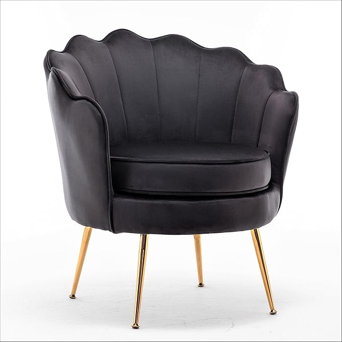 Velvet Barrel Accent Chair with Scalloped Silhouette and Gold Metal Legs Decorative Piece Suitable for Traditional Modern and Contemporary Spaces Black