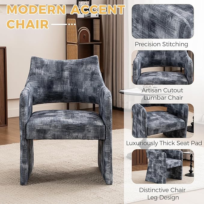 Mid-Century Chenille Accent Chair Geometric Open-Back Upholstered Armchair with Non-Slip Frame Cozy Reading Chair for Home &amp Office (Gray Black)