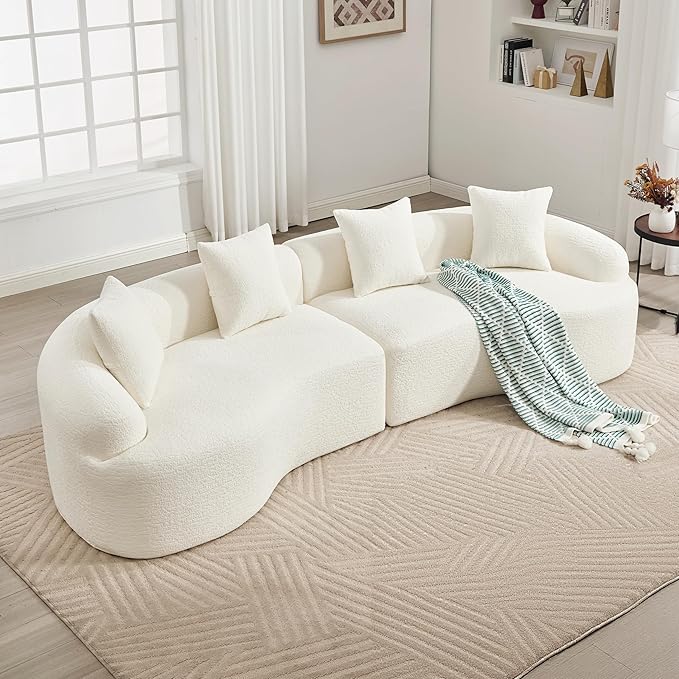 Modern Curved Boneless Sofa 110 Compression Modular Chenille High-Density Sponge Sectional Couch with 4 Seats No Assembly Required Lounge Sleeper Sofa for Living Room Apartment (White)