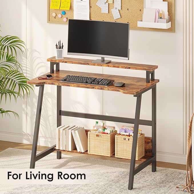 ALISENED 31.5 Inch Small Office Desk with Storage Small Desk for Small Spaces Compact Home Office Desk Mini Study Desk for Bedroom Brown