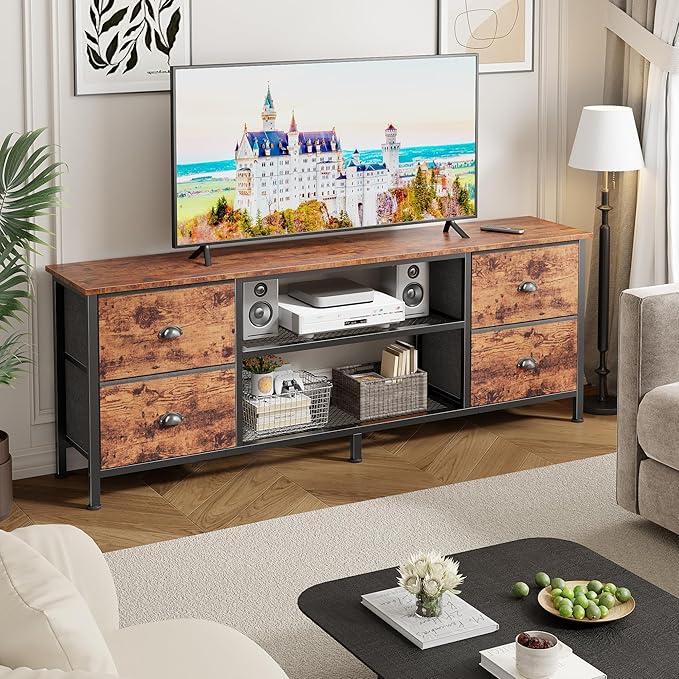 Furologee TV Stand Dresser with 4 Drawers 63 Inch Entertainment Center with Open Shelves Media Console Table for 6570 Inch TV Television Stand for Bedroom Living RoomRustic Brown