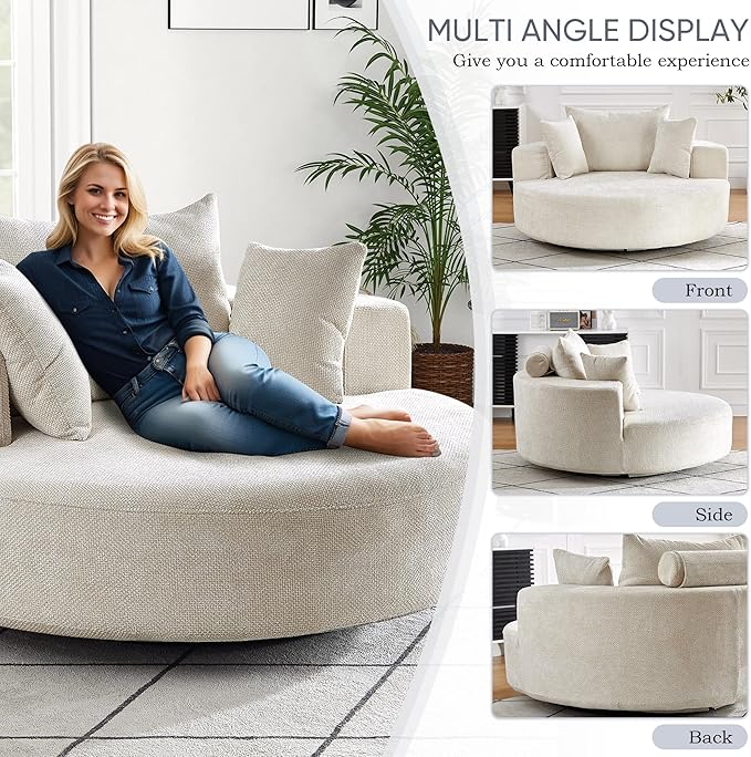 SLEERWAY 55W Oversized Swivel Accent Chair Large Barrel Chairs Upholstered Round Swivel Chair Chenille Single Sofa Armchair Modern Sleeper Chair for Living Room Lounge and Projection Room Beige