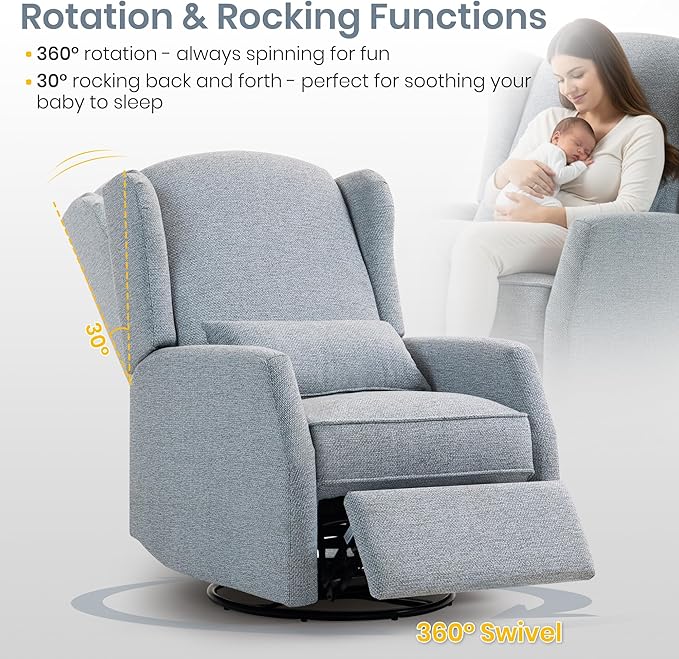 Swivel Rocker Recliner Chair with Adjustable Footrest Swivel Rocking Recliner with Deep Seat Lumbar Pillow Nursery Glider Recliner 360° Recliner Chair for Living Room&ampBedroom&ampOffice (Gray)