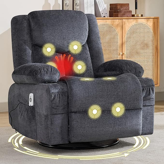Swivel Recliner Chair for AdultsOversized Rocker Recliner with Massage and Lumbar HeatRocking Chair with Side Pocket2 Cup Holdersfor Living Room