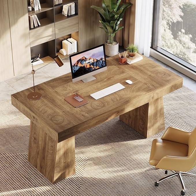 Tribesigns 55-Inch Executive Desk Thick Wood Office Computer Desk with Double Pedestal Modern Minimalist Workstations Writing Table Conference Table Furniture for Home Office Light Brown
