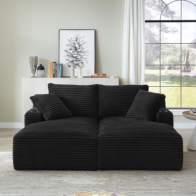 KEIKI Compressible Double Chaise Lounge with Cupholders Fluffy Corduroy Sleeper Loveseat for Living Room Relaxation Boneless Chaise Lounge Indoor with Spring Padding No Assembly Required