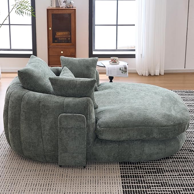 Oversized Chaise Lounge Indoor Deep Seat Boneless Sofa Bed with Throw Pillows Plush Chenille Fabric No Assembly Required Comfy Sleeper Sofa for Living Room Bedroom (Green with Pocket)