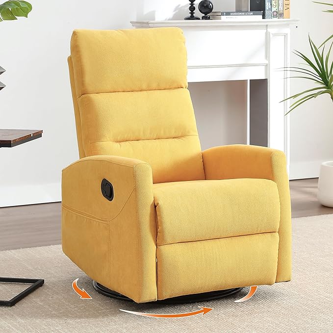 360° Swivel Rocking Chair for Nursery Manual Glider Chair Nursing Chair with Side Pockets Polyester Glider for Living Room Heavy Duty Motion Mechanism Yellow
