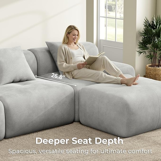 LIKIMIO 118 Modular Sectional Sofa with Ottoman L-Shaped Boneless Couch with Deep Seat for Living Room Corduroy Upholstery No Assembly Required Light Grey
