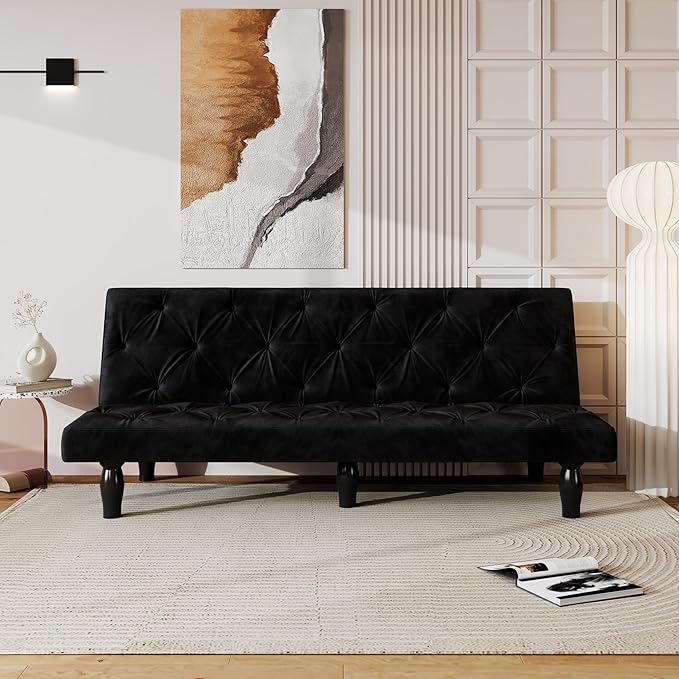 66 Black Velvet Futon Sofa Bed Sturdy Wood Frame &amp High-Elastic Foam 3 Adjustable Gears Multi-Functional for Living Room/Apartment/Bedroom Easy Assembly