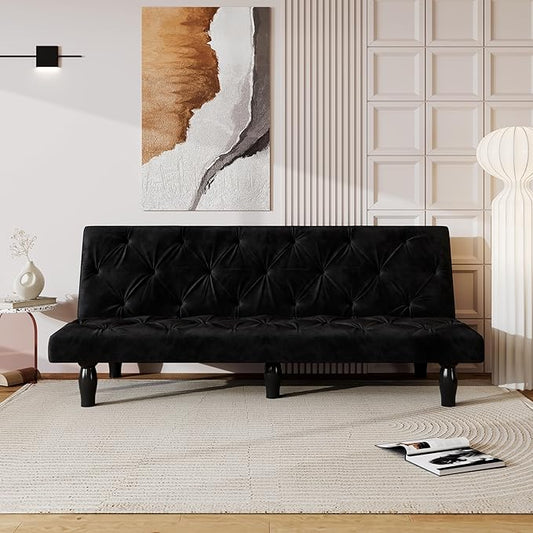 66 Black Velvet Futon Sofa Bed Sturdy Wood Frame &amp High-Elastic Foam 3 Adjustable Gears Multi-Functional for Living Room/Apartment/Bedroom Easy Assembly