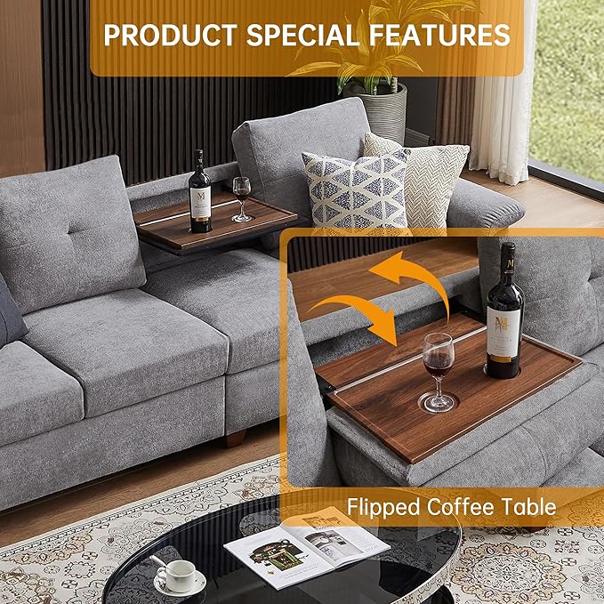 Convertible Sectional Sofa with Storage 4 Seat L Shaped Couch with Chaise and Cup Holder Modern Microfiber Fabric Sofas Couches for Living Room Light Grey