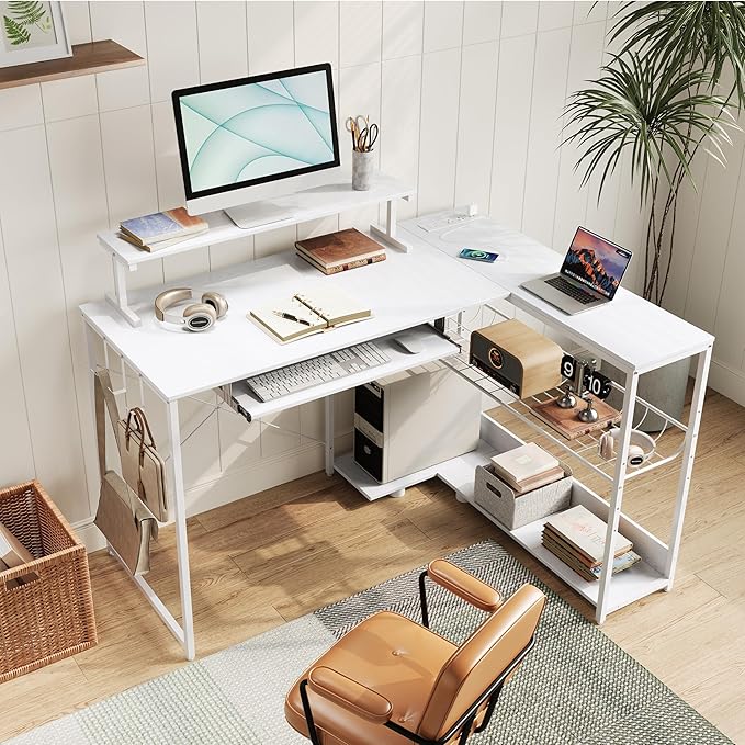 L Shaped Gaming Desk with Power Outlets &amp RGB Lights 46'' L- Shaped Desk Computer Corner Desk with Monitor Stand &amp Storage Shelf &amp Hook Home Office Desk Writing Desk White