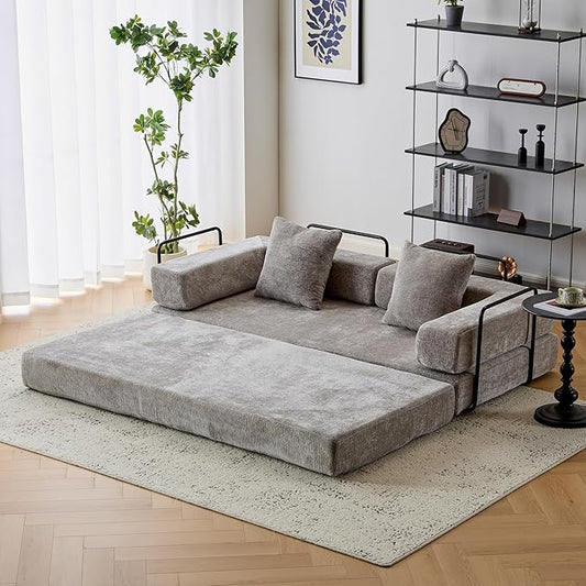 Convertible Sleeper Sofa Bed with Fixed-Shape Frame Floor Sofa Lounge Couch with Cylindrical Pillow Chenille Folding Mattress Couch for Living Room Bedroom-Stone Grey