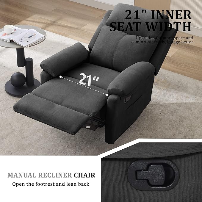 Recliner Chairs Small Recliners for Small Spaces Manual Recliner for Adults with Side Pockets Adjustable Overstuffed Comfy Corduroy Reclining Chair for Living Room Bedroom Reading Black
