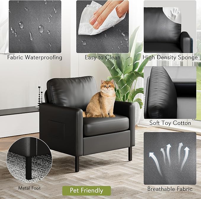STHOUYN Black Faux Leather Accent Chair Set of 2 with Arms Modern Small Accent Office Chair Waiting Room Chairs for Living Room Bedroom with Metal Legs