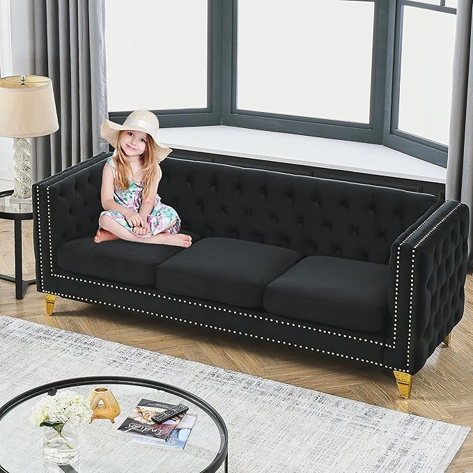 80.5 Chesterfield Velvet Sofa for Living Room3-Seater Sofa Loveseat Tufted Couch with Two PillowsRolled Arms and Nailhead for Living RoomBedroomOfficeBlack