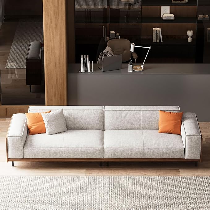 111.81 in. Four-seat Removable Washable Cotton-Linen Fabric mid-Century Modern Sofa Square arms with Throw Pillows.