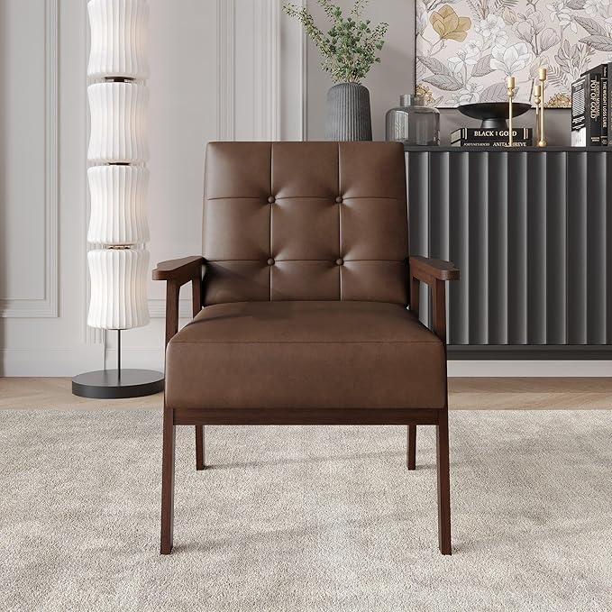 Accent Chair with Button-Tufted Polyurethane Upholstery Wooden Armrests Cushioned Seat Easy Assembly Brown