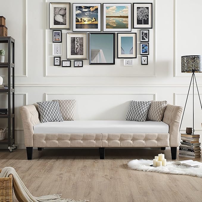 Rosevera Roche Upholstered D11 Button Tufted Fine Polyester Easy aseemble with Wooden Legs Twin Size Daybed Sleeper Couch for Living Room Bedroom Beige