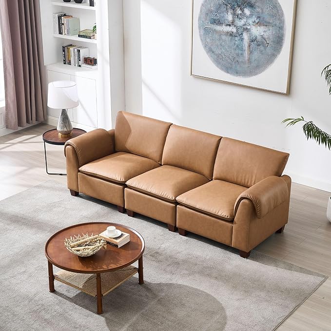 97 Inches Cloud Modular Sectional Sofa 3 Seater Faux Leather Couch Modern Convertible Comfortable Sofa Couch for Living Room/Apartment PU Brown