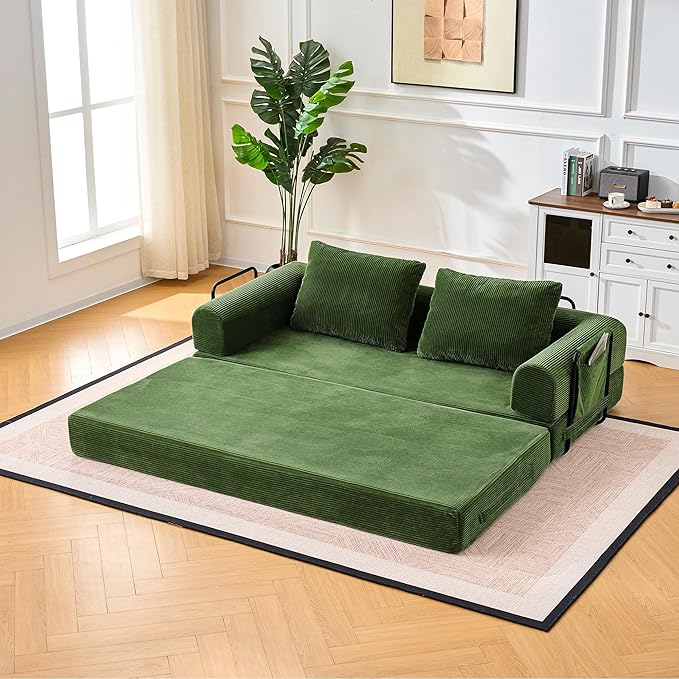 Convertible Sleeper Sofa Bed 78.7 Folding Floor Sofa Mattress Couch with Pillows Corduroy Futon Boneless Couch Lounge Loveseat with Pull Out Bed Green