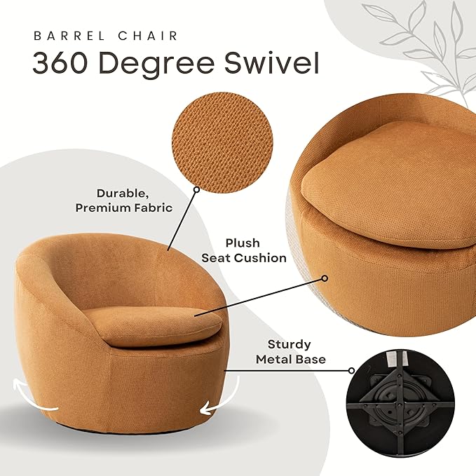 360°Swive Decorative ChairModern Comfortable Barrel Chair Reading Chairs for Living RoomBedroomDressing RoomYellow Linen