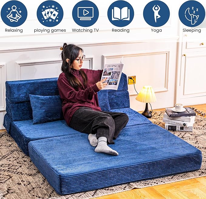 Folding Sofa Bed Convertible Sleeper Chair with Pillow High Density Memory Foam Fold Out Couch Foldable Mattress Futon Sofa for Living Room/Dorm/Guest Use/Apartment/Home Office