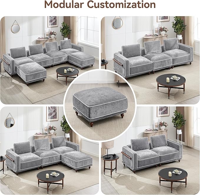 146 Modular Sectioanl Sofa Oversized 4-Seater Cloud Couches for Living Room Comfy Deep Seat Couches with Wooden Leg Armrets Chenille Grey