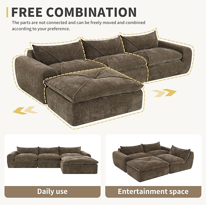 116'' Oversized Modular Sofa Fully Compressed 4 Seat Spacious Foam-Filled Sofa Bed for Living Room Free Combination Friendly Design L-Shaped Comfy Couches No Assembly Required (Brown-QJ88)