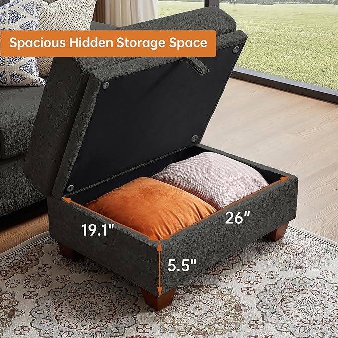 108 Sectional Sofa Convertible L Shaped Sofa with Ottoman and Large Storage 4 Seat Sectional Couch with Cup Holder Couches for Living Room Apartment Office (Dark Grey)