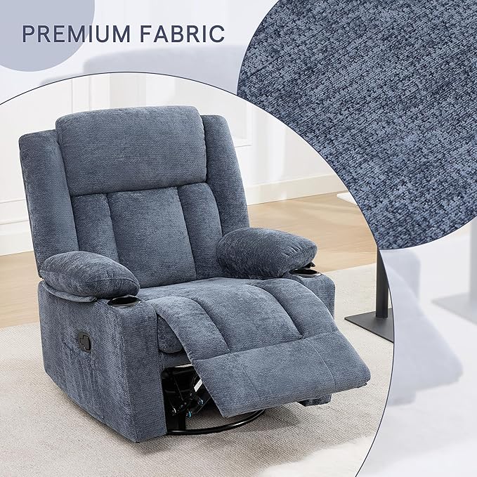 Swivel Rocker Recliner for Adults Manual Lazy Boy Recliner Chair with Cup Holders 360 Degree Rotating Nursery Rocking Chair Glider Recliner for Living Room (Blue)