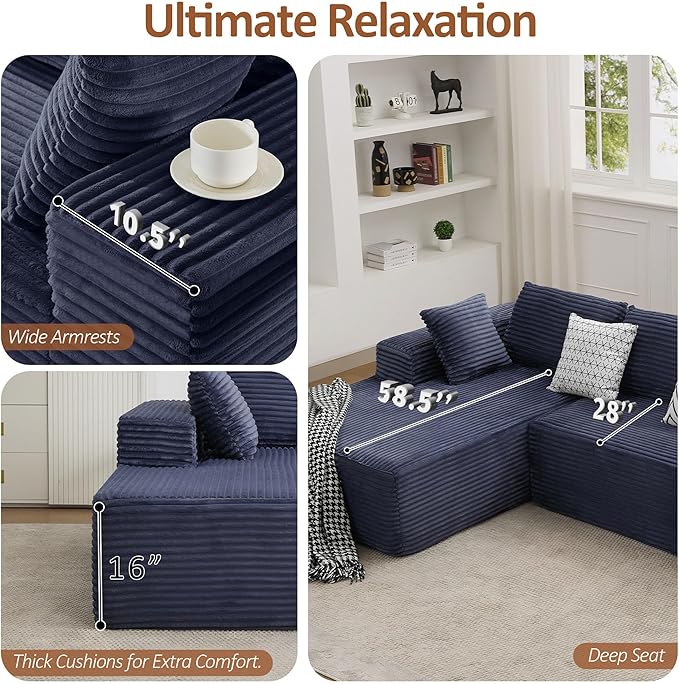 110 Boneless Sectional Couch with Chaise Lounge Cloud Couch Compressed Sofa L Shape No Assembly Memory Foam Sofa for Living Room Blue Corduroy