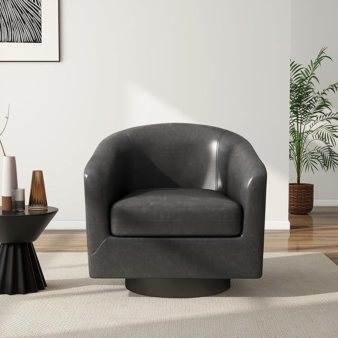 Swivel Barrel Chair Modern Round PU Leather Accent Armchair for Living Room Bedroom Oversized Comfy Club Reading Chairs for Adults (Leather Black Grey Set of 1)