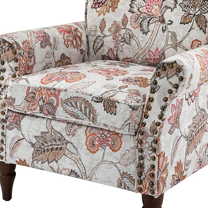 HULALA HOME Modern Wingback Accent Chair with Wood Legs &amp Removable Cushion Comfy Upholstered Armchair with Nailhead Trim Floral Pattern Single Sofa Chair for Living Room Bedroom Pink
