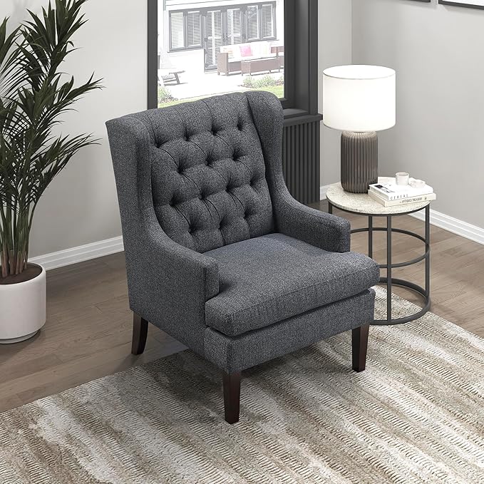 Lexicon Living Room Accent Chair Textured Fabric Upholstered Reading Chair Button-Tufted High Wingback for Living Room/Bedroom/Office Charcoal